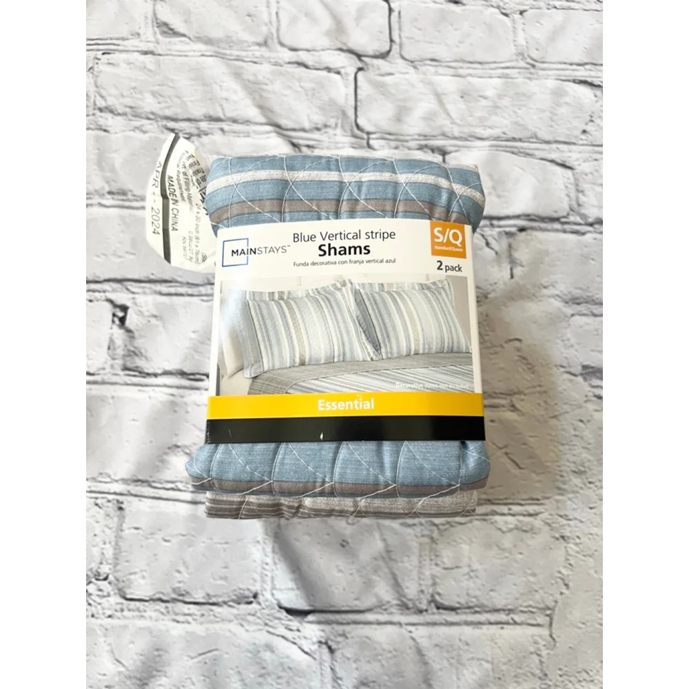 NEW Mainstays Blue Grey Vertical Stripe Standard/Queen Shams 2-Pack